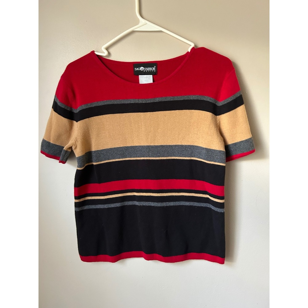 90s Sag Harbor Petite Striped Knit Top Red Tan‎ Black Gray Short Sleeve PS